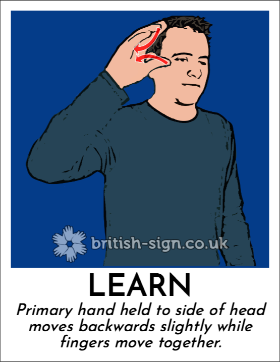 Learn: Primary hand held to side of head moves backwards slightly while fingers move together.
